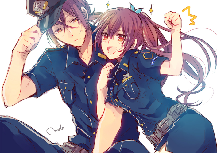 1boy, 1girl, brother_and_sister, clenched_hand, free!, future_fish, hat, matsuoka_gou