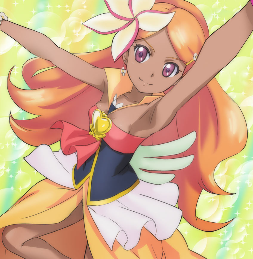 1girl, arm_up, armpits, bare_shoulders, cure_sunset, dark_skin, happinesscharge_precure!, haruyama_kazunori
