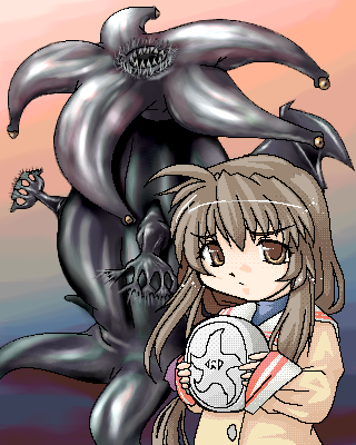 brown_eyes, brown_hair, call_of_cthulhu, clannad, crossover, elder_thing, ibuki_fuuko, long_hair