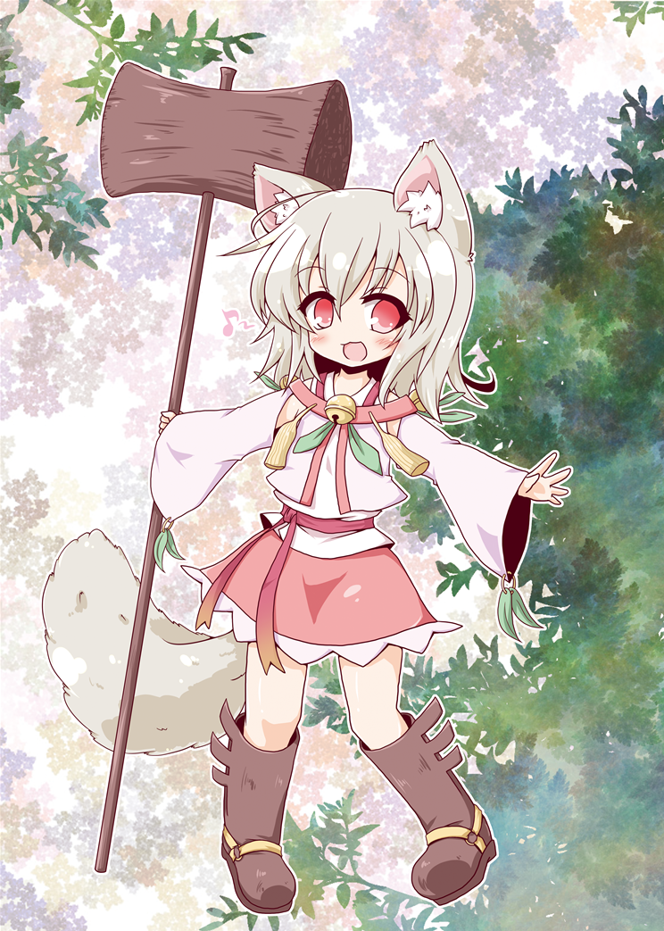 1girl, :d, animal_ears, bell, boots, borrowed_character, detached_sleeves, fox_ears, fox_tail, grimorigin, hammer, musical_note, neko_yume, open_mouth, original, red_eyes, silver_hair, skirt, smile, tail, wide_sleeves, wooden