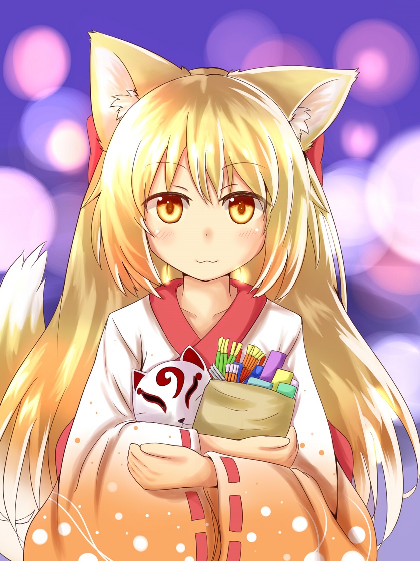 1girl, :3, animal_ears, blonde_hair, blurry, bokeh, depth_of_field, fox_ears
