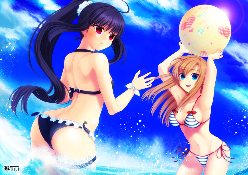 2girls, ass, back, ball, banri, beachball, bikini, blue_eyes