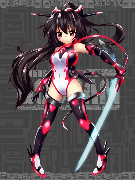 1girl, afiryka_aries, armpits, bare_shoulders, black_hair, boots, covered_navel, elbow_gloves, energy_sword, full_body, gloves, hair_ornament, halterneck, leotard, long_hair, mechanical_tail, neon_trim, pigeon-toed, ponytail, red_eyes, sanzenkai_no_avatar, skin_tight, solo, standing, sword, thigh-highs, thigh_boots, weapon, youmou_usagi