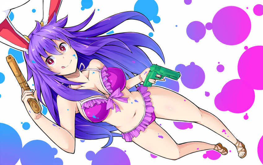 1girl, animal_ears, bikini, breasts, cleavage, frilled_bikini, frills, inkblot