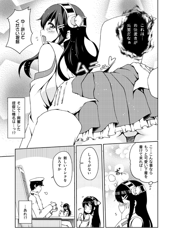 /\/\/\, 1boy, 1girl, admiral_(kantai_collection), ass, ass_grab, blush, box, comic, detached_sleeves, haruna_(kantai_collection), headgear, kantai_collection, kouji_(campus_life), long_hair, monochrome, nontraditional_miko, open_mouth, sighing, skirt, surprised, tears, translated