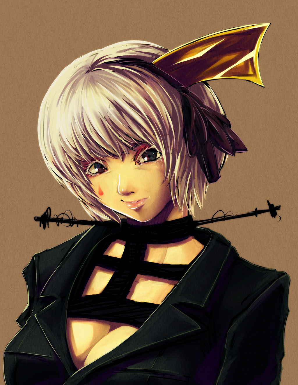 1girl, breasts, bust, cleavage, face, head_tilt, highres, large_breasts