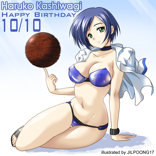 basketball, bikini, blue_hair, feet, green_eyes, jacket, jilpoong17, kashiwagi_haruko