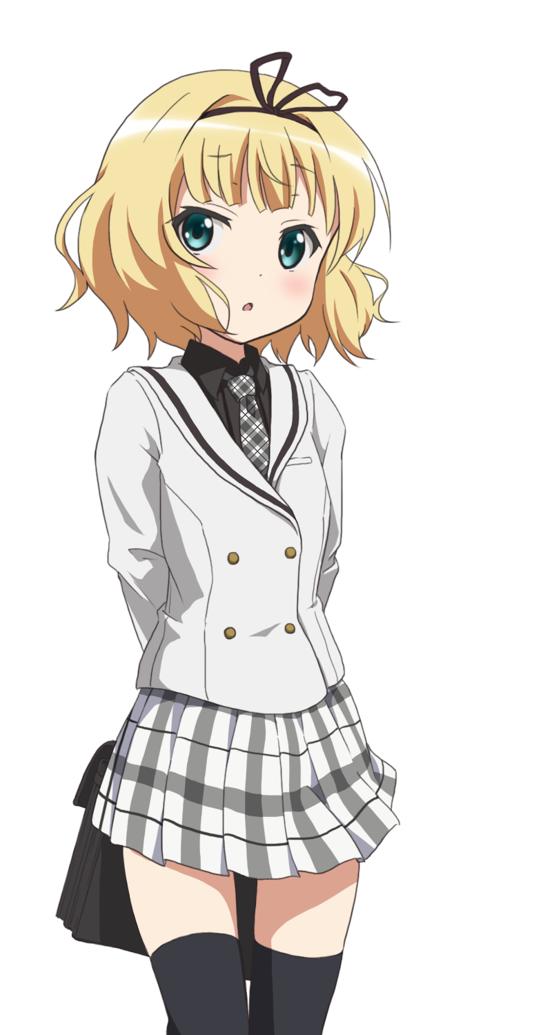 1girl, arms_behind_back, black_legwear, blonde_hair, blue_eyes, blush, gochuumon_wa_usagi_desuka?, highres