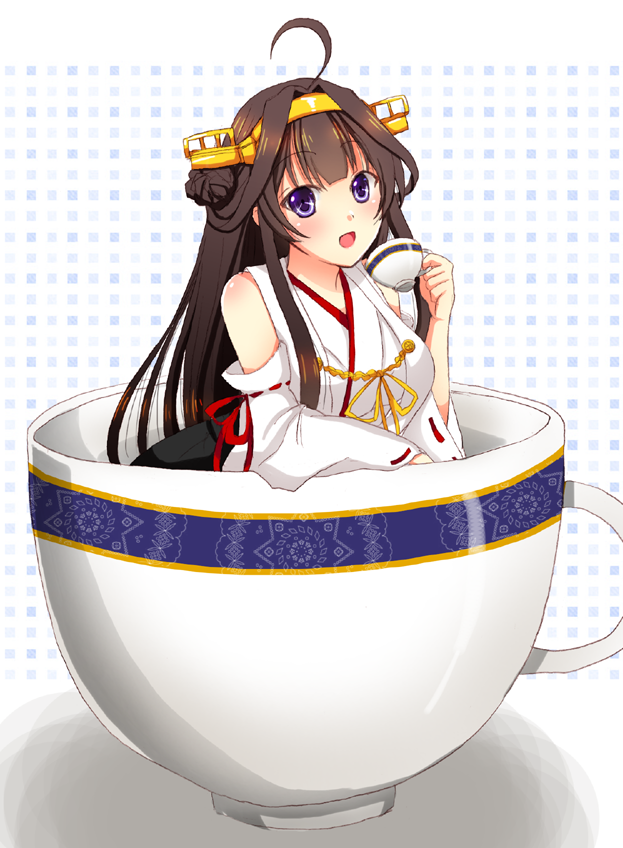 1girl, :d, ahoge, blush, brown_hair, cup, detached_sleeves, double_bun