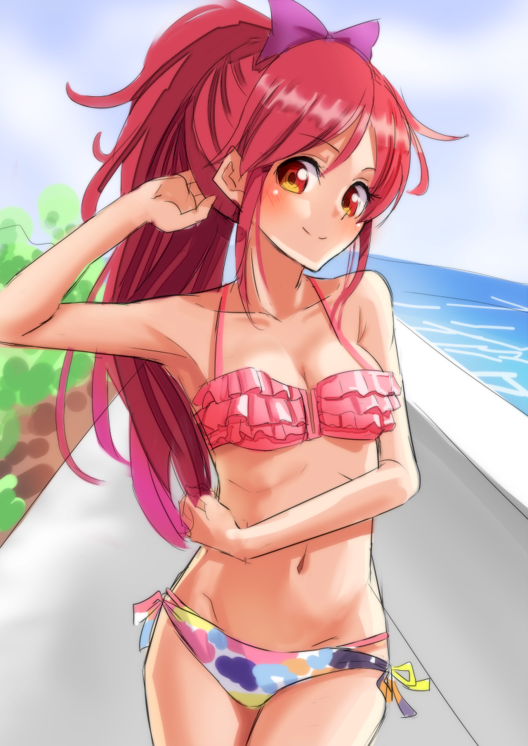 1girl, aikatsu!, armpits, bikini, blush, breasts, brown_eyes, cure_slum