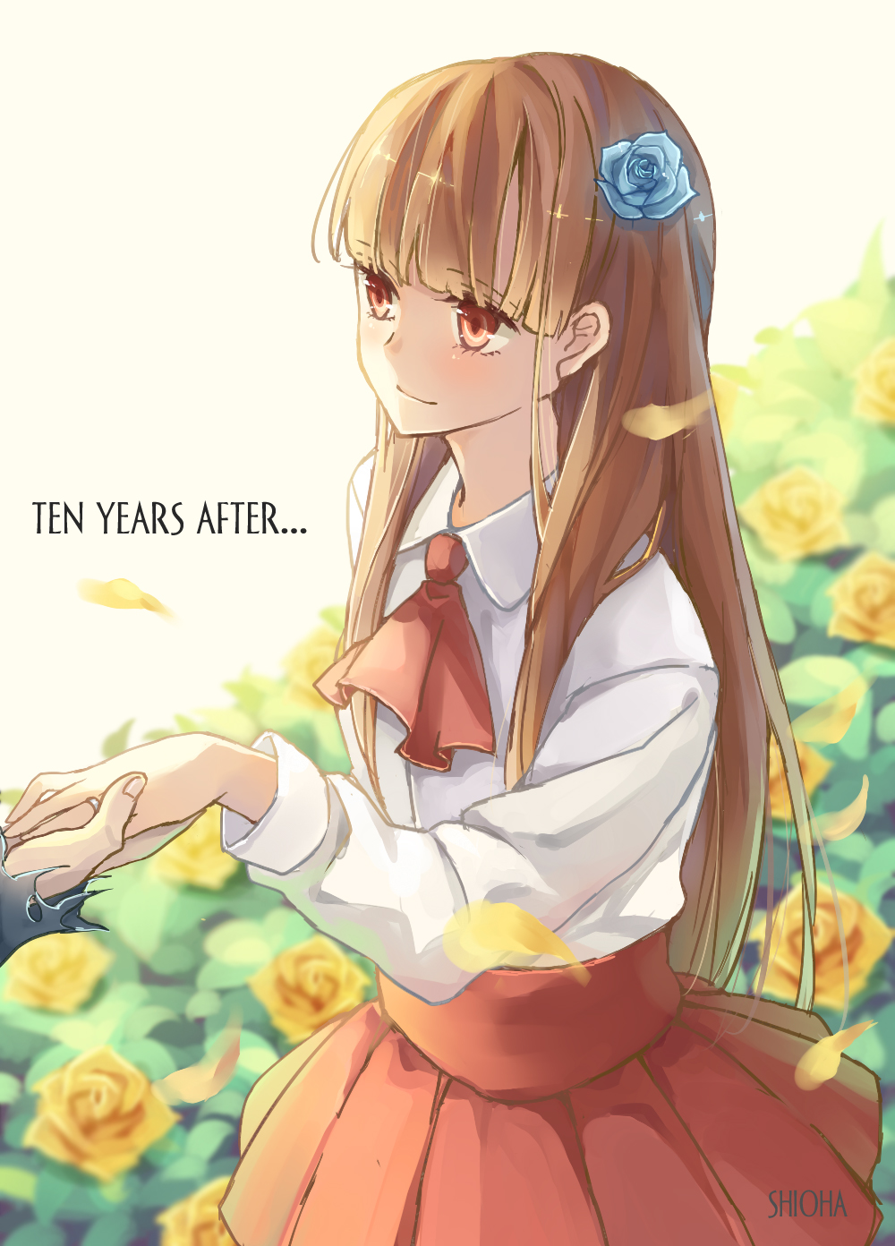 1girl, ascot, blurry, brown_eyes, brown_hair, depth_of_field, field, flower, flower_field, flower_on_head, hair_ornament, highres, ib, ib_(ib), jewelry, long_hair, looking_at_viewer, petals, pleated_skirt, ring, rose, shioha, skirt, smile, solo, tagme, text, wedding_band