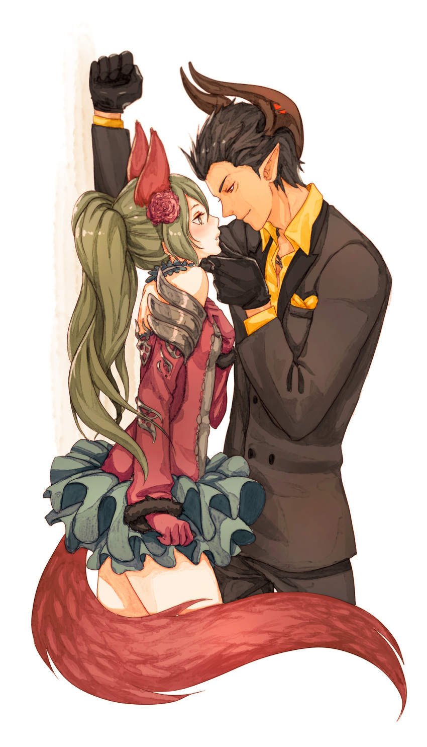 1boy, 1girl, against_wall, animal_ears, bare_shoulders, black_gloves, brown_hair, castanic_(tera)
