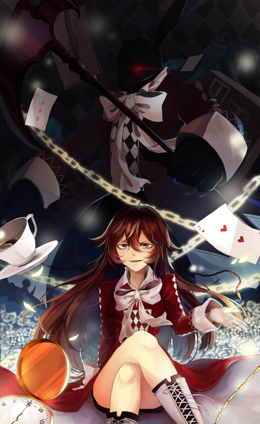 1girl, alice_(pandora_hearts), argyle, argyle_background, b-rabbit, boots, bow, braid, brown_hair, chain_(pandora_hearts), clock, crossed_legs, cup, flower, gloves, highres, long_hair, open_mouth, pandora_hearts, rabbit, rose, sitting, smile, teacup, violet_eyes, weapon