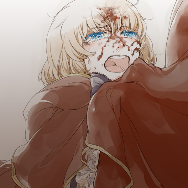 1girl, blood, blood_on_face, blue_eyes, bow, brown_hair, cape, crying, crying_with_eyes_open, facial_mark, frills, grabbing, green_eyes, lily_(pandora_hearts), open_mouth, pandora_hearts, short_hair, snot, solo_focus, tears, weiv