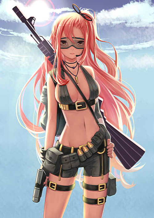 1girl, backpack, bag, belt, bikini_top, bojue_yu_yaojing_695657, breasts, bullet