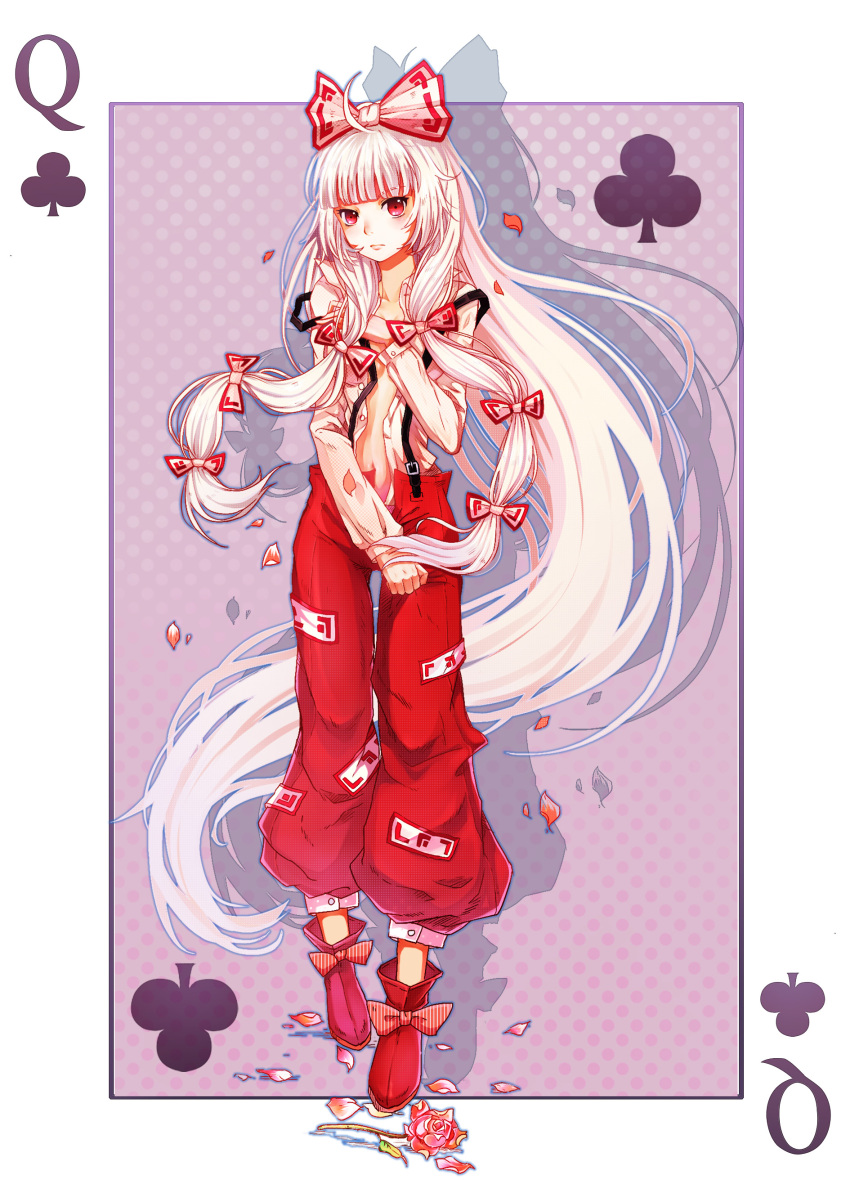 1girl, absurdres, bow, card, card_(medium), flower, fujiwara_no_mokou, hair_bow