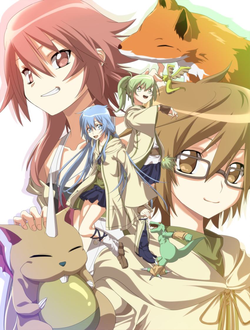 4girls, archfiend_marmot_of_nefariousness, aussa, blue_eyes, blue_hair, brown_eyes, brown_hair, collarbone