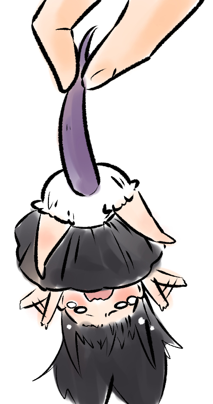 1girl, akemi_homura, black_hair, chibi, hanging, holding_another's_tail, long_hair, mahou_shoujo_madoka_magica