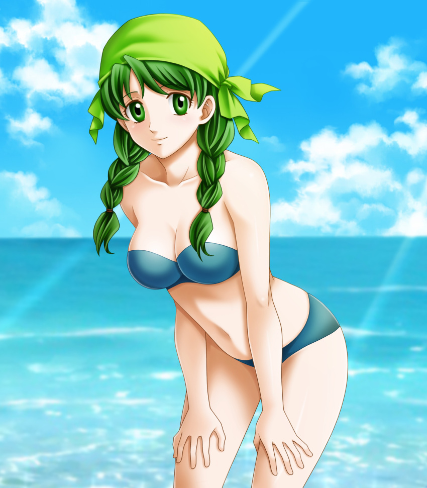 1girl, bandana, bikini, braid, fire_emblem, fire_emblem:_rekka_no_ken, green_eyes, green_hair, highres, rebecca_(fire_emblem), swimsuit, tamamon, twin_braids, twintails