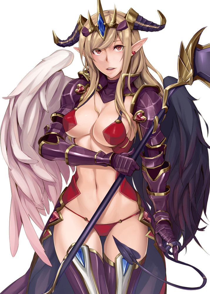 1girl, armor, bikini_armor, blonde_hair, breasts, cleavage, crown, demon_girl