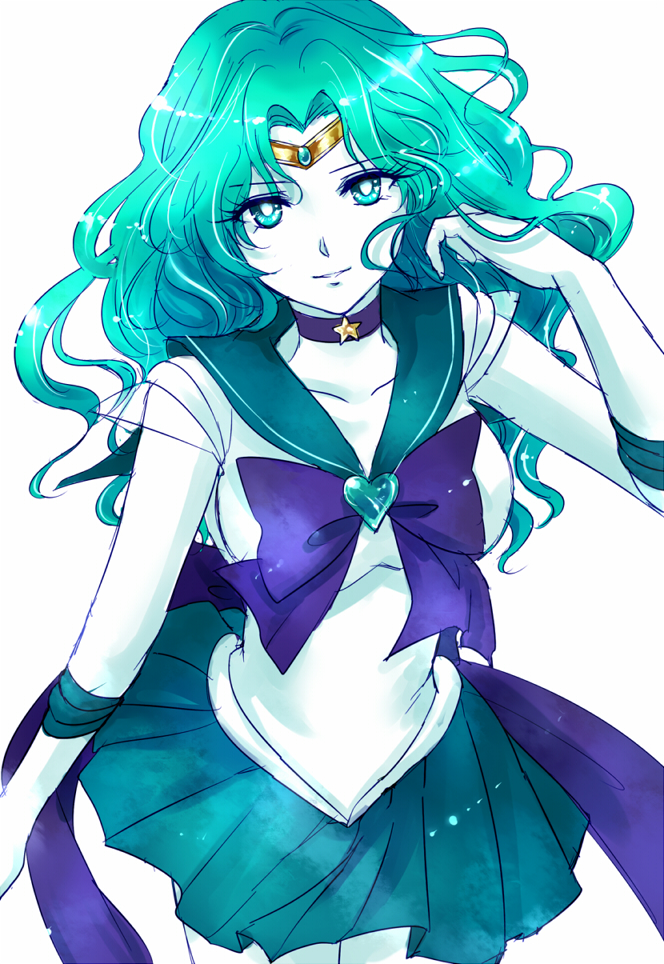 1girl, bishoujo_senshi_sailor_moon, blue_eyes, blue_hair, blue_skirt, ginnan, gloves, heart, kaiou_michiru, long_hair, looking_at_viewer, magical_girl, ribbon, sailor_neptune, simple_background, skirt, solo, super_sailor_neptune, tiara, white_background, white_gloves