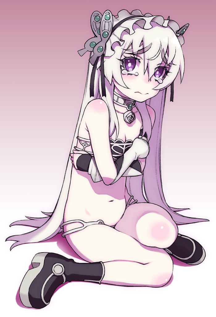 1girl, blush, boots, bra, butterfly_hair_ornament, chaika_trabant, choker, covering