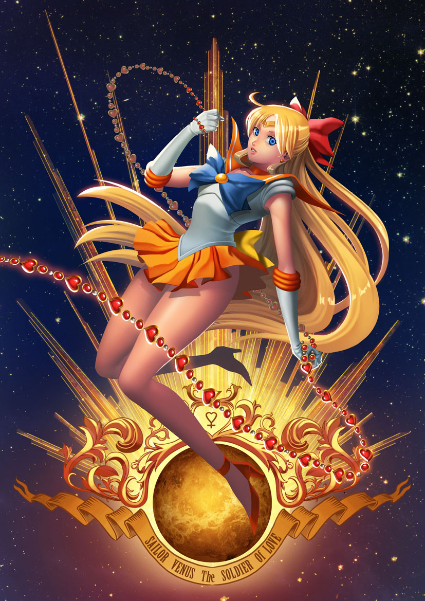 1girl, aino_minako, bishoujo_senshi_sailor_moon, blonde_hair, blue_eyes, bow, chain, character_name, choker, earrings, elbow_gloves, gloves, hair_bow, half_updo, jewelry, long_hair, looking_at_viewer, magical_girl, mowlana, orange_skirt, parted_lips, sailor_venus, skirt, solo, tiara, venus_symbol