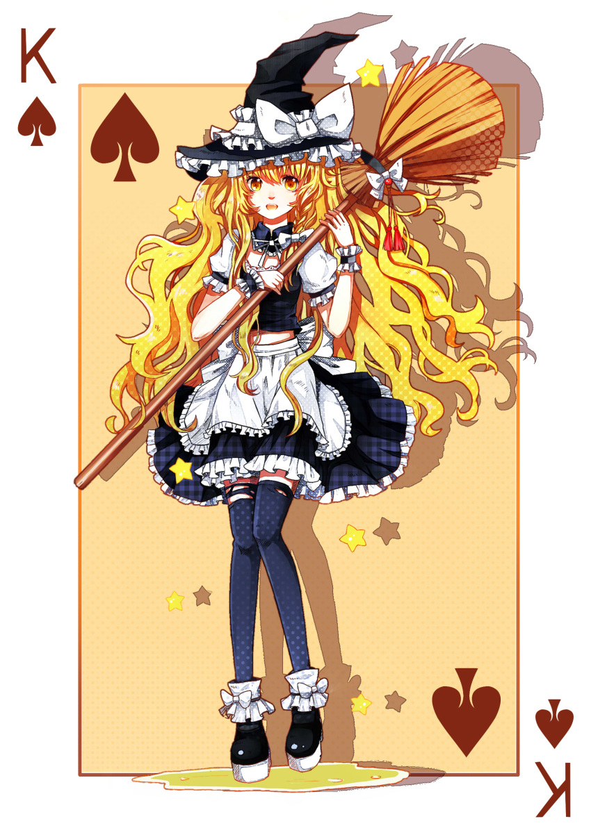 1girl, absurdres, apron, black_legwear, blonde_hair, bow, broom, brown_background