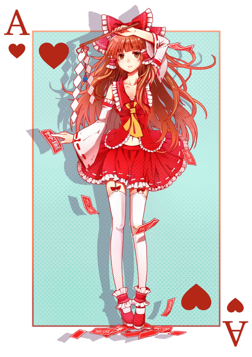 1girl, absurdres, ace, ankle_cuffs, aqua_background, arm_over_head, ascot, bow