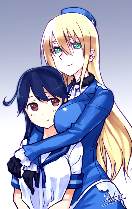 2girls, ahoge, atago_(kantai_collection), beret, between_breasts, black_gloves, black_hair, blonde_hair