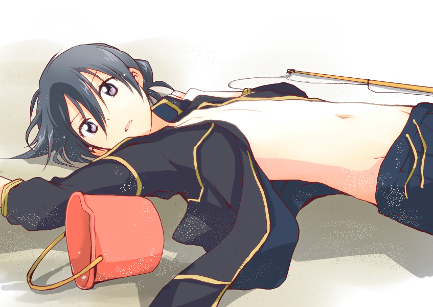 1boy, black_eyes, black_hair, bucket, fishing_rod, jacket, kirito, kirito_(sao-ggo)