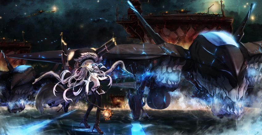 1girl, aircraft_carrier, airplane, blue_eyes, boyogo, cape, enemy_aircraft_(kantai_collection), fighter_jet, glowing, glowing_eyes, heterochromia, high_heels, highres, jet, kantai_collection, long_hair, looking_at_viewer, monster, pale_skin, shinkaisei-kan, silver_hair, solo, staff, tentacles, turret, wo-class_aircraft_carrier, yellow_eyes