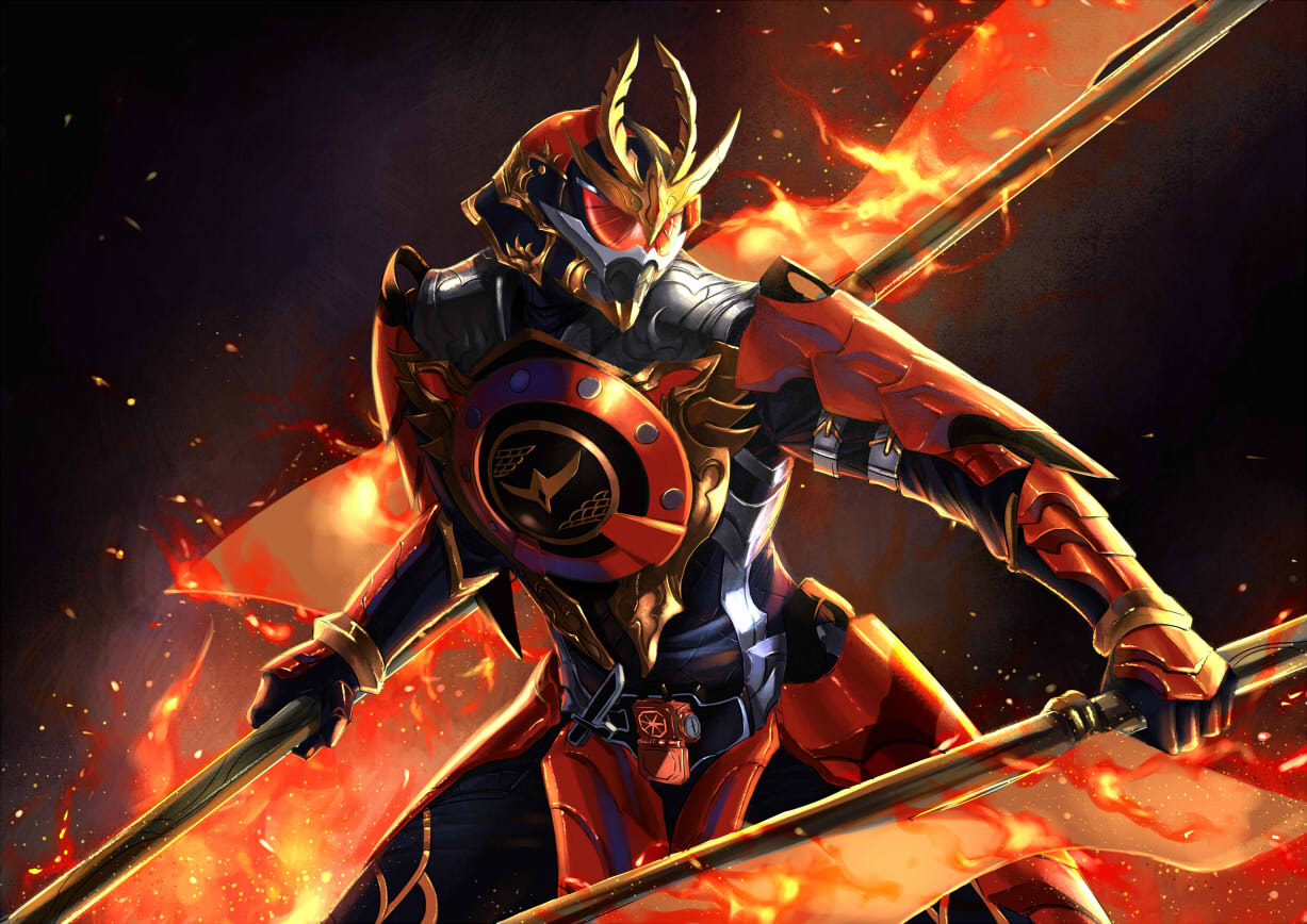 1boy, armor, belt, dual_wielding, fire, flag, kamen_rider, kamen_rider_gaim, kamen_rider_gaim_(series), lock_seed, male, sengoku_driver, solo, zeruzeru