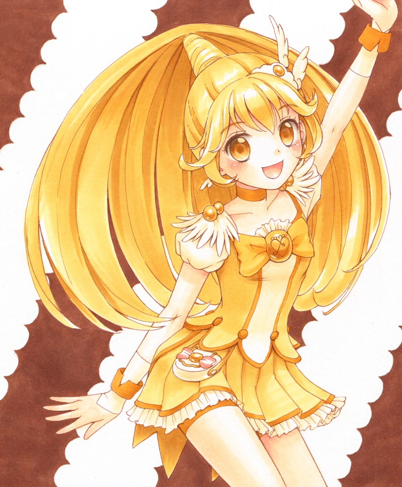 1girl, bike_shorts, blonde_hair, choker, cure_peace, hair_ornament, kise_yayoi, long_hair, magical_girl, open_mouth, ponytail, precure, shorts_under_skirt, skirt, smile, smile_precure!, solo, tiara, traditional_media, watayuki, wrist_cuffs, yellow_eyes, yellow_skirt