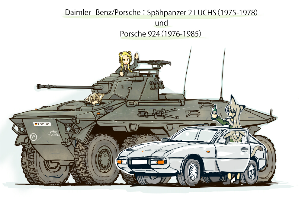 3girls, animal_ears, armored_vehicle, blonde_hair, car, cat_ears, cat_girl, cat_tail