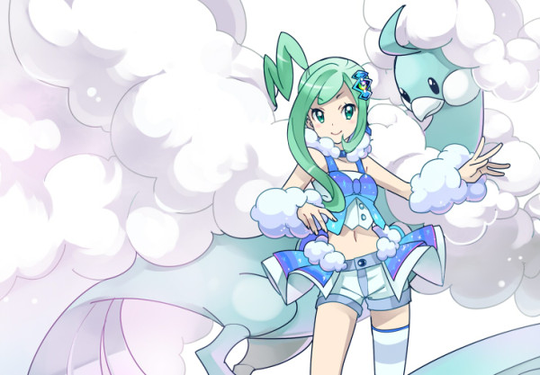 1girl, altaria, aqua_hair, bare_shoulders, hair_ornament, hairclip, lucia_(pokemon), mega_altaria
