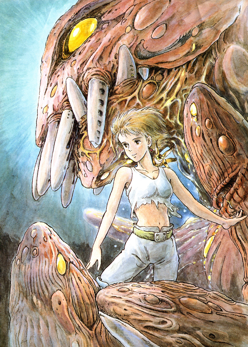brown_eyes, brown_hair, crop_top, earrings, ghibli, highres, jewelry, kaze_no_tani_no_nausicaa