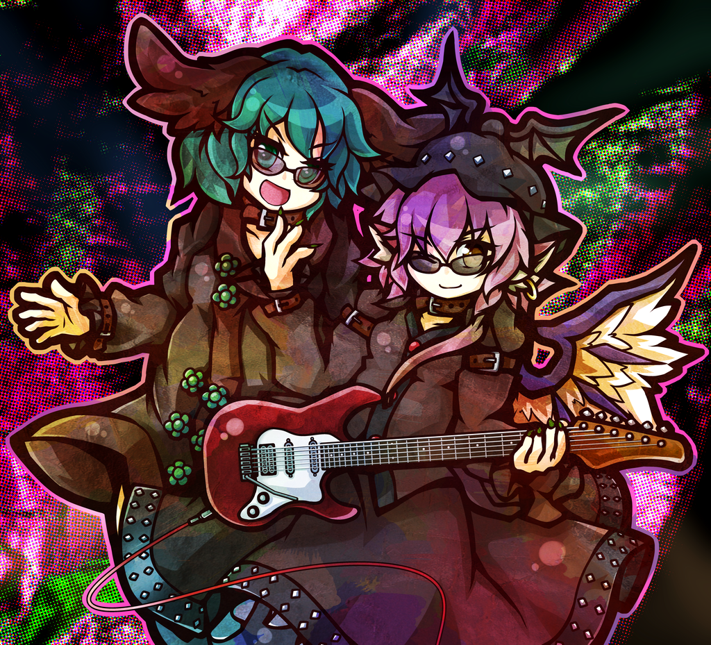 2girls, album_cover, alternate_costume, animal_ears, choker, choujuu_gigaku, collar, cover, cue_(lindwrum), dress, earrings, electric_guitar, fingernails, green_eyes, green_hair, guitar, hat, instrument, jewelry, kasodani_kyouko, multiple_girls, mystia_lorelei, open_mouth, pink_hair, sharp_fingernails, short_hair, smile, sunglasses, thigh-highs, touhou, wings