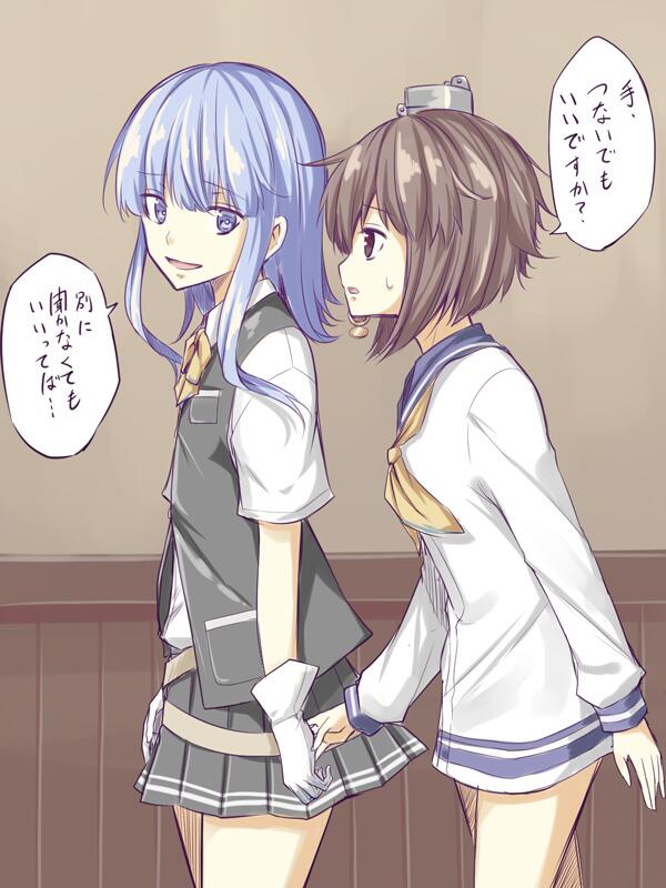2girls, ataru_(cha2batake), bangs, blue_eyes, blue_hair, blunt_bangs, brown_hair, gloves