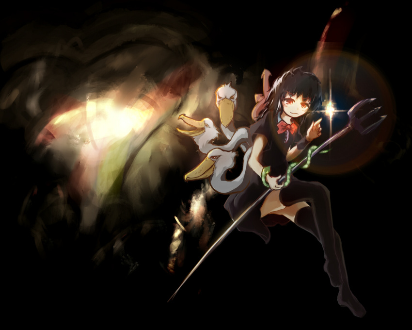 1girl, asymmetrical_wings, bird, black_background, black_hair, black_legwear, black_skirt, commentary_request