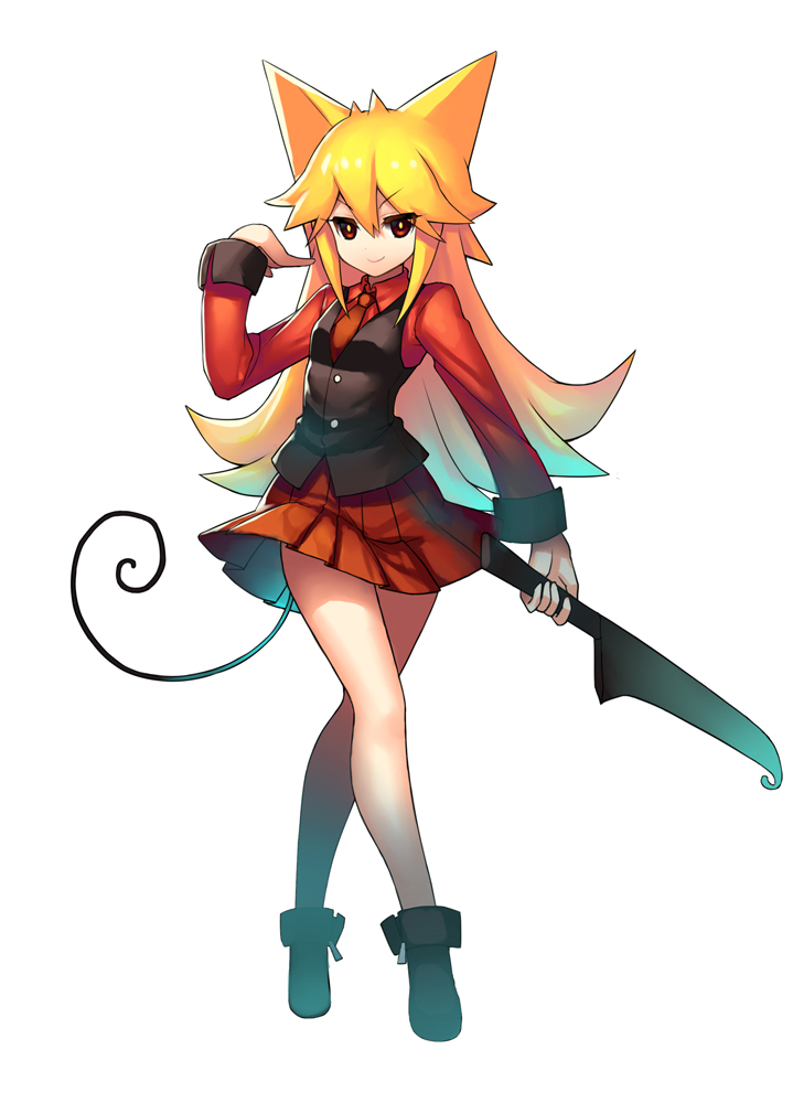 1girl, animal_ears, bangs, bare_thighs, black_shirt_cuffs, black_tail, blonde_hair, boots
