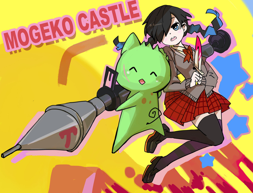 1girl, :<>, ^_^, bangs, black_hair, bloody_knife, blue_eyes, blush
