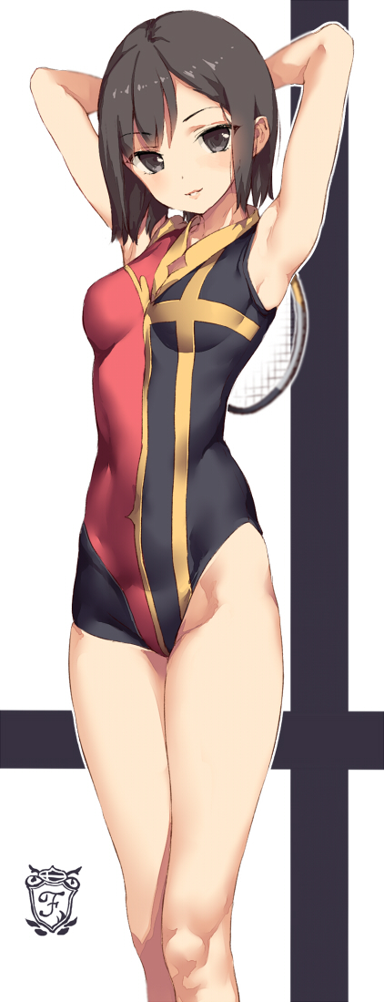 1girl, aida_takanobu, armpits, arms_behind_head, arms_up, badminton_racket, black_eyes, black_hair