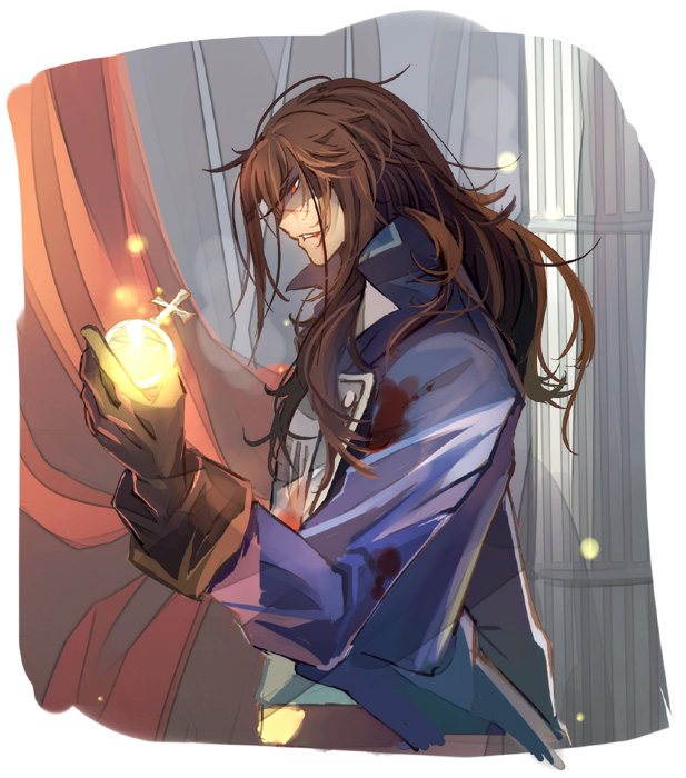 1boy, castlevania, castlevania:_rondo_of_blood, curtains, gloves, holy_water, kariya_(mizore), long_hair