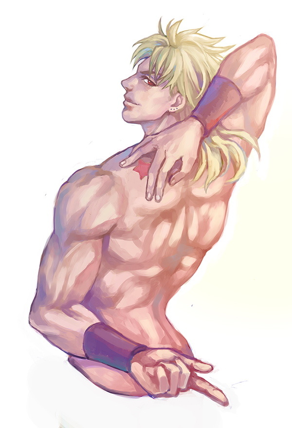 1boy, back, blonde_hair, bracer, dio_brando, joestar_birthmark, jojo_no_kimyou_na_bouken, muscle, qi_(bleachcxn), red_eyes, shirtless, solo