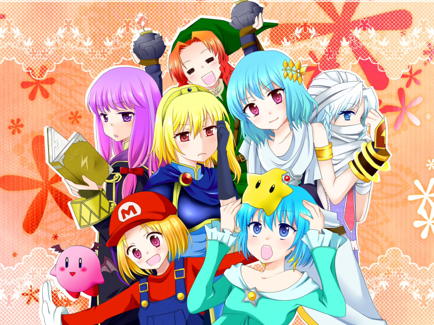 6+girls, aqua_hair, blonde_hair, blue_eyes, bomb, book, braid, cirno