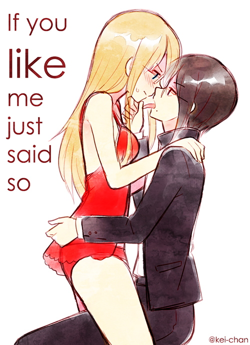 1boy, 1girl, babydoll, blonde_hair, blush, brown_hair, couple, dangan_ronpa