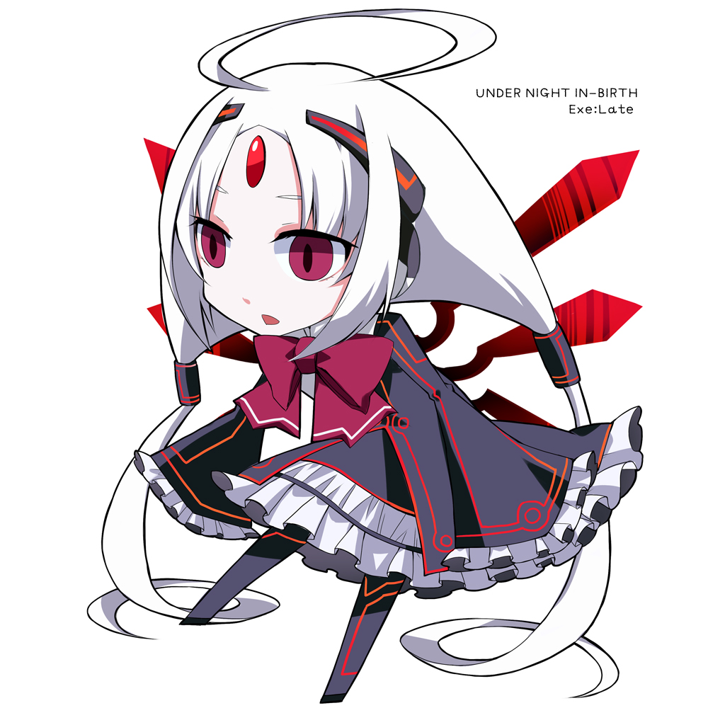 1girl, ahoge, albino, bow, chibi, copyright_name, dress, forehead_jewel