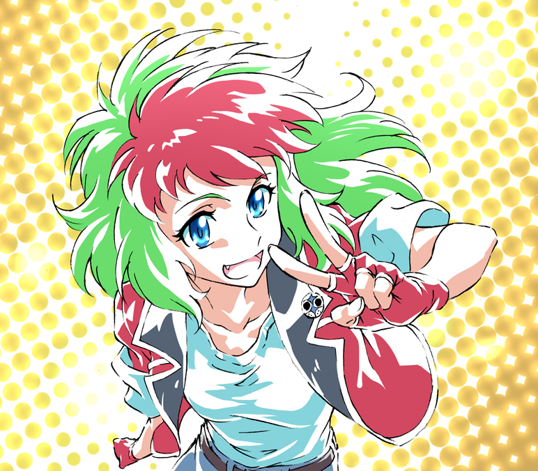 1girl, badge, belt, blue_eyes, button_badge, denim, denim_shorts, fang