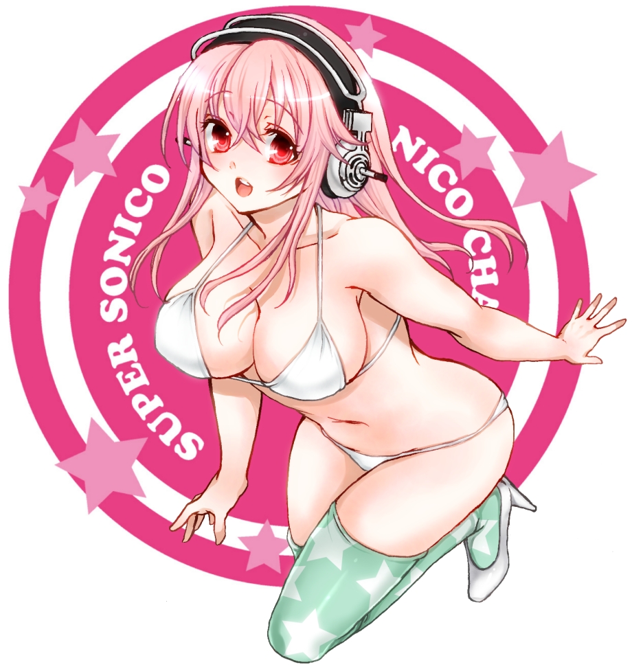 1girl, bikini, breasts, cleavage, headphones, high_heels, large_breasts, long_hair